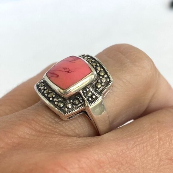 Sterling Silver 925 Square Pink Swirl Enamel Marcasite Halo Ring Sz 6.75 6g - Picture 11 of 16